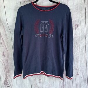 Tommy Hilfiger Vintage Sequin Beaded Blue Red Long Sleeve Tee Crew Neck Top L
